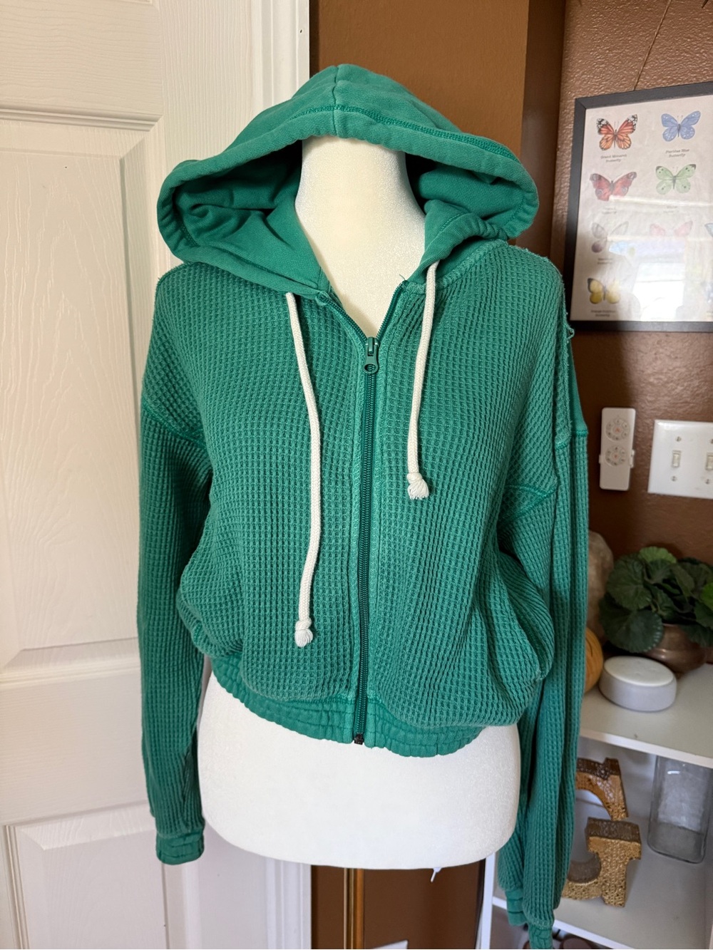 Aerie Green Waffle-Knit Zip Cropped Hoodie with Exposed Stitching / Size XS